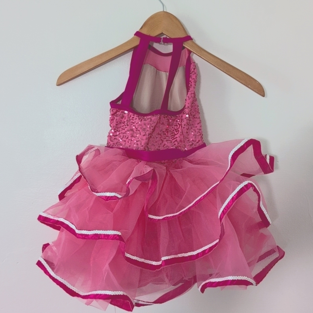 New Weissman Pink Sequin Dance Leotard Costume Ruffled Skirt Halter Top Sz XS - Picture 5 of 9